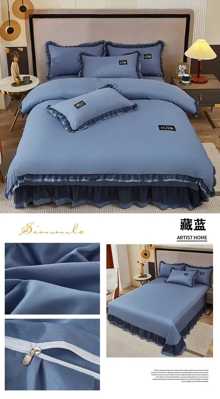 Korean Ins Bedding Set Luxury Quilt Cover Pillowcase Flat Bed Sheets Simple Girl Princess Cotton Home Textiles