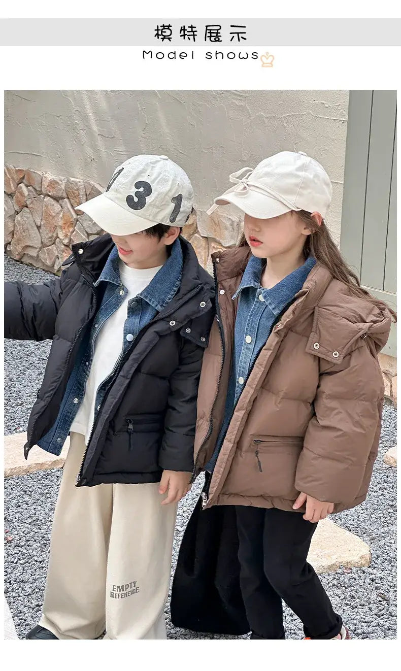 Winter Toddler Girl Down Jackets Solid Thicken Warm Denim Fake Two Piece Snowwear Coat Zipper Hooded Children Girl