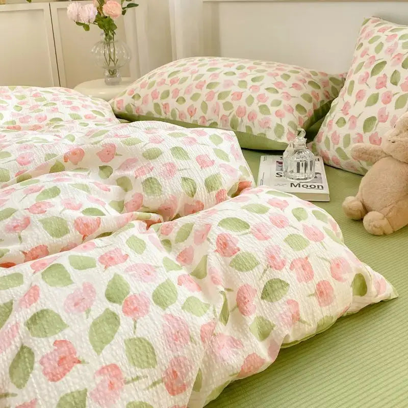 Korean Style Green Heart Bedding Set Girls INS Pink Floral Duvet Cover Flat Sheet Pillowcase Bed Linens Fashion Home