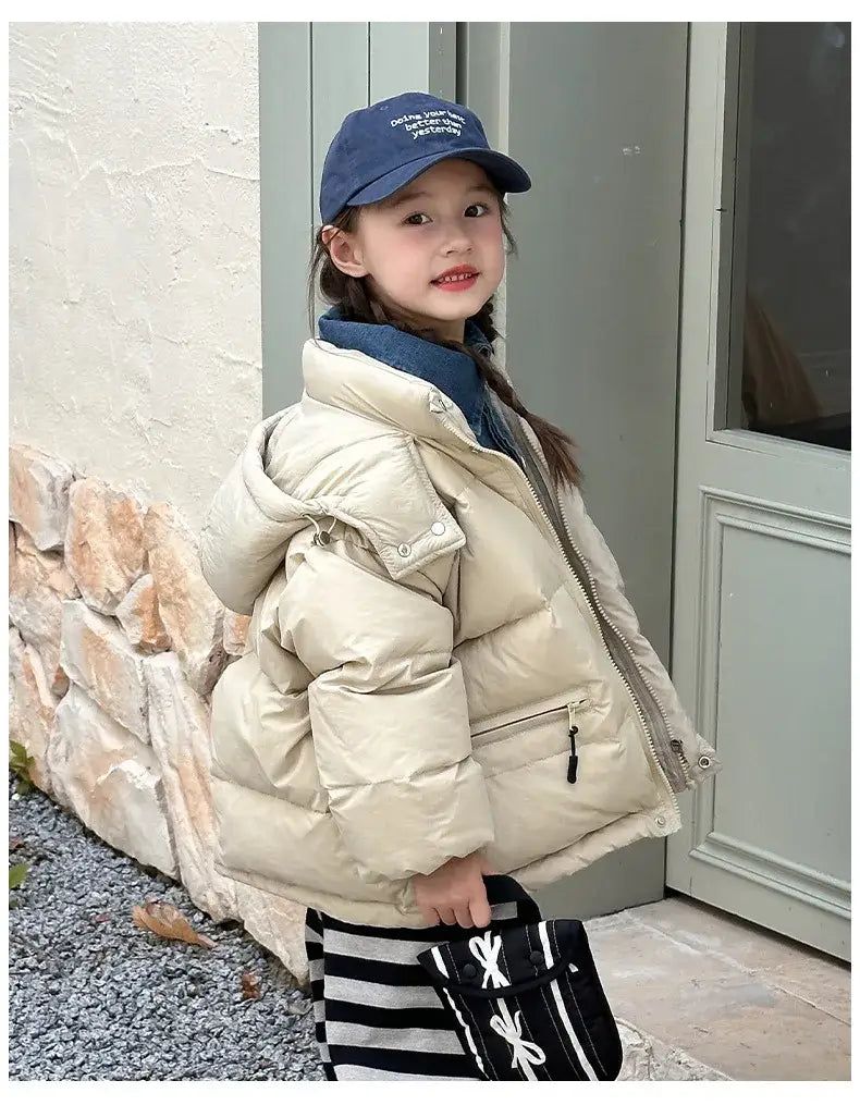 Winter Toddler Girl Down Jackets Solid Thicken Warm Denim Fake Two Piece Snowwear Coat Zipper Hooded Children Girl