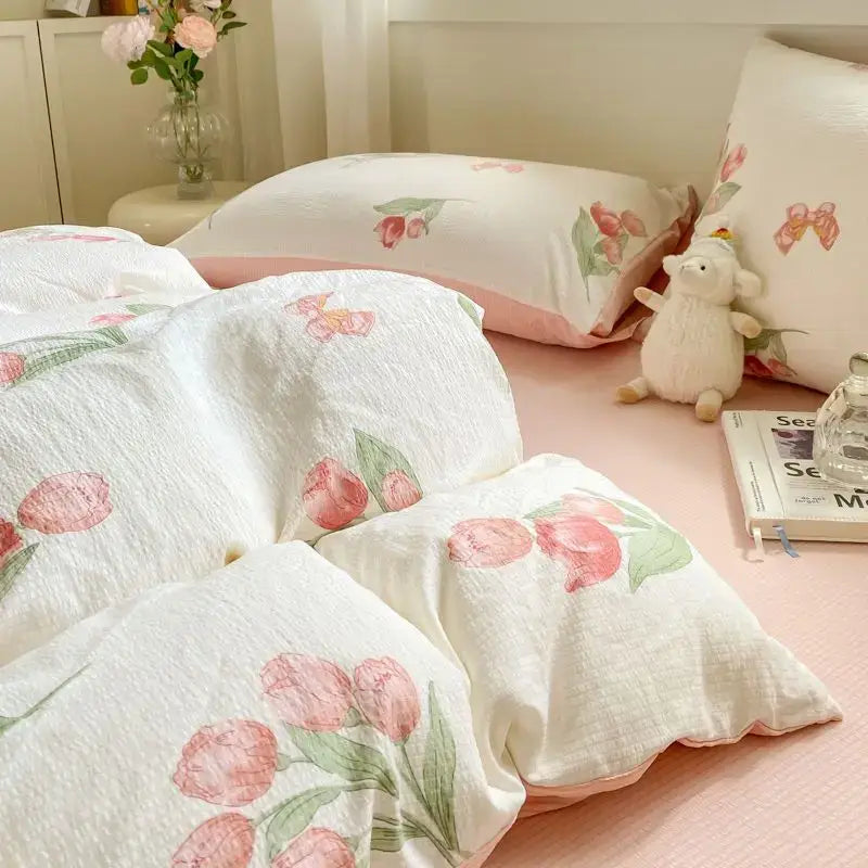 Korean Style Green Heart Bedding Set Girls INS Pink Floral Duvet Cover Flat Sheet Pillowcase Bed Linens Fashion Home