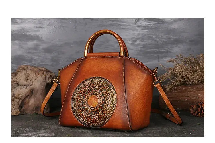 Vintage Genuine Leather Women Shoulder Bag For Ladies Handmade Luxury Designer Handbag Metal Handle Crossbody Bags Brown