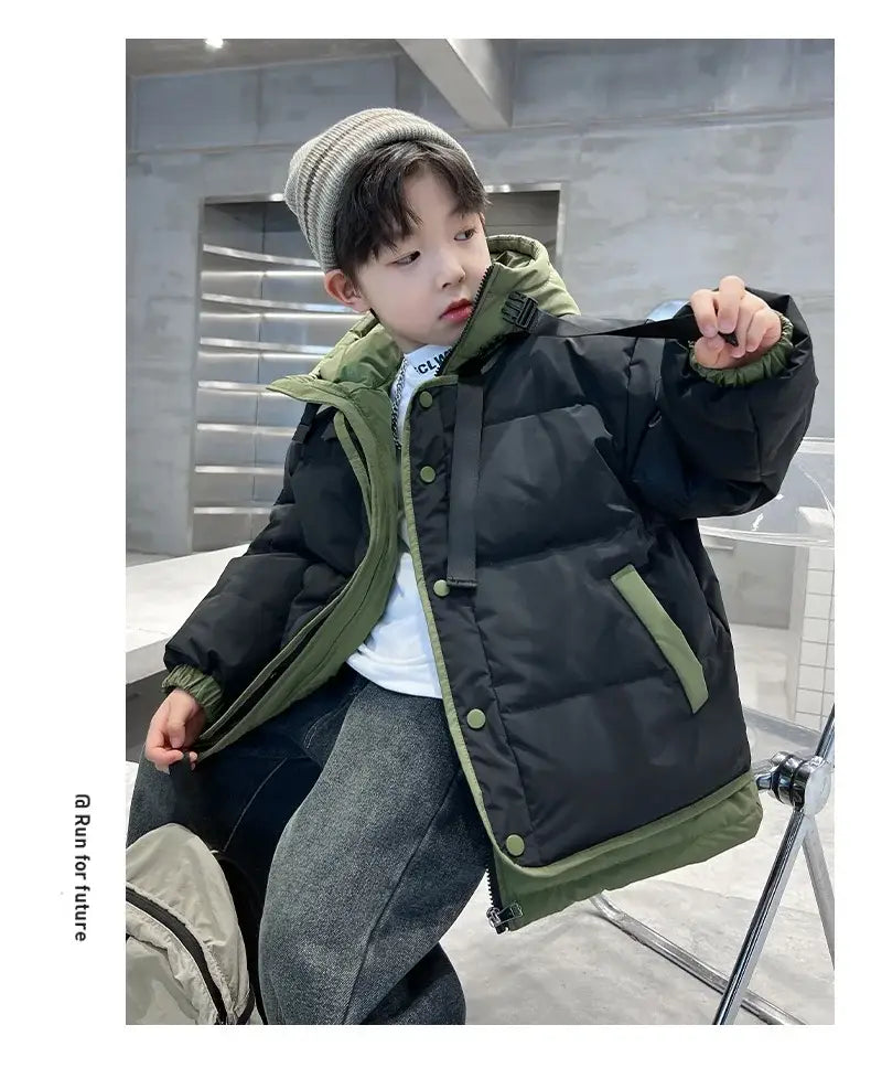 Winter Warm Boys Contrast Patchwork Cotton Lined Hooded Zip Jackets School Kids Thick Coats Children Outfits