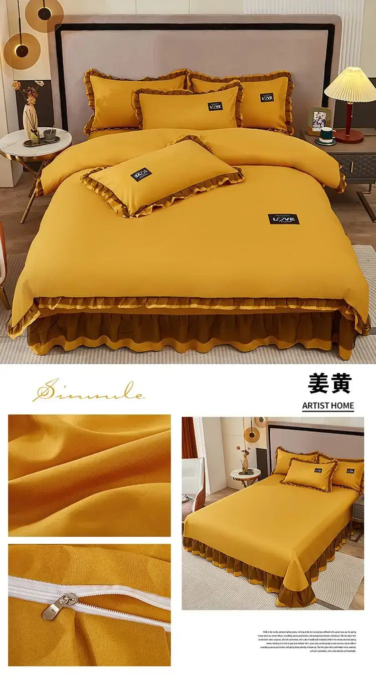 Korean Ins Bedding Set Luxury Quilt Cover Pillowcase Flat Bed Sheets Simple Girl Princess Cotton Home Textiles