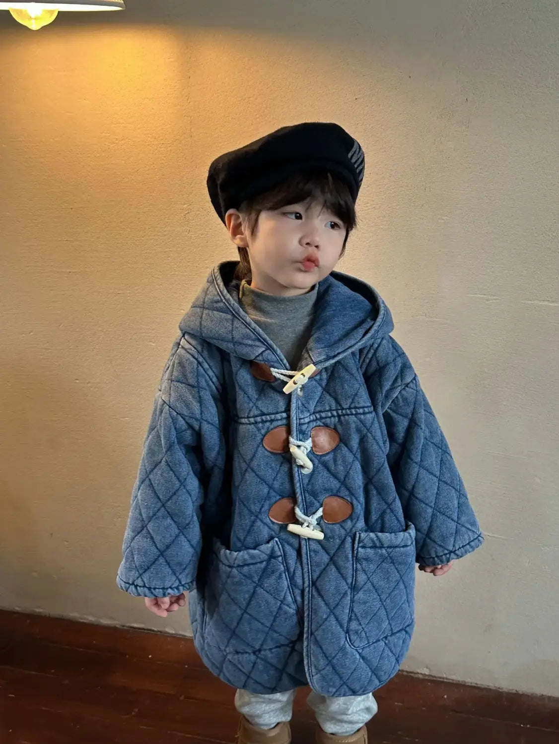 Winter Childrens Boys Denim Cotton Jacket Thickened Fleece Warm Baby Boys Parkas Horn Button Hooded Kids Boys Outerwears