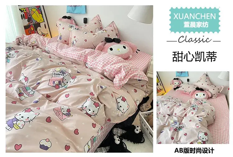 Sanrio Cotton Bedding Set Hello Kitty Pachacco Kuromi Sheet Duvet Cover Pillowcase King Queen Full Size Bedclothes Home