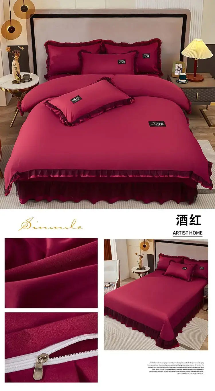 Korean Ins Bedding Set Luxury Quilt Cover Pillowcase Flat Bed Sheets Simple Girl Princess Cotton Home Textiles