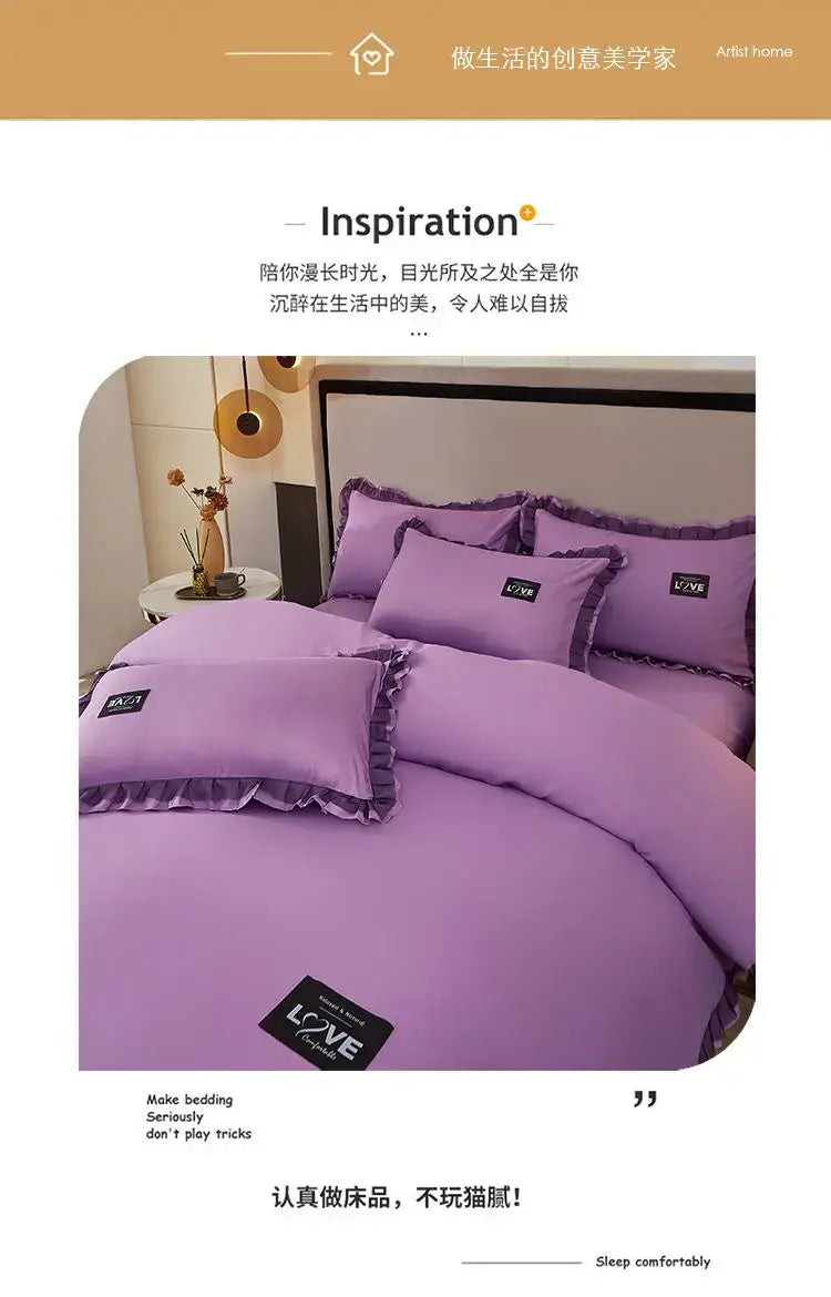 Korean Ins Bedding Set Luxury Quilt Cover Pillowcase Flat Bed Sheets Simple Girl Princess Cotton Home Textiles