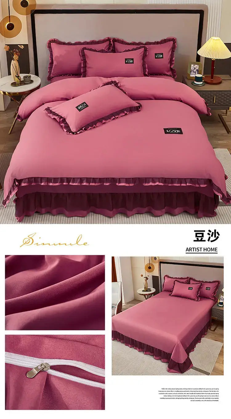 Korean Ins Bedding Set Luxury Quilt Cover Pillowcase Flat Bed Sheets Simple Girl Princess Cotton Home Textiles