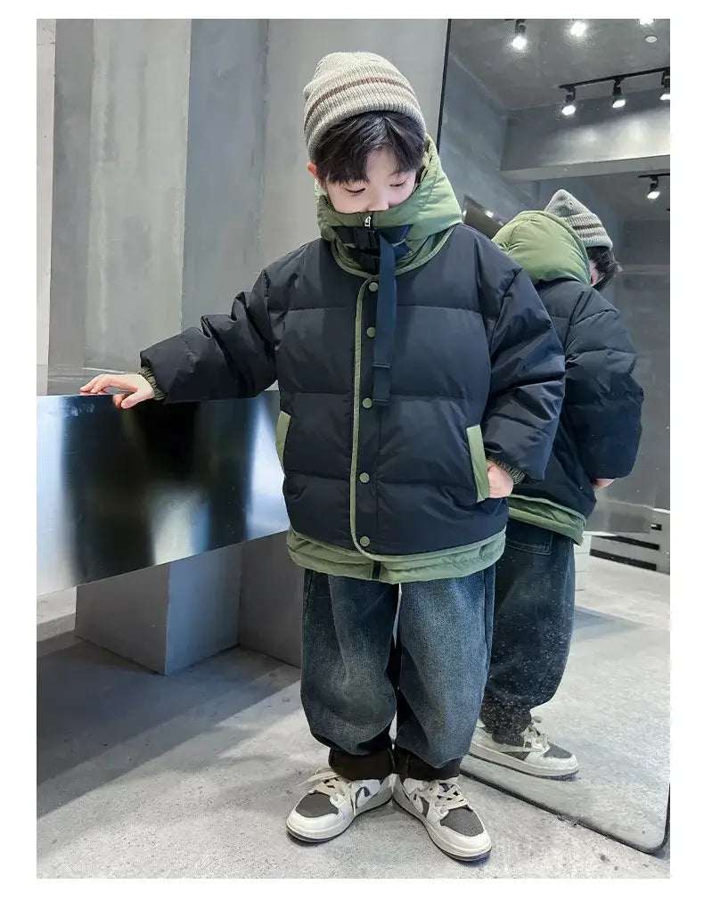 Winter Warm Boys Contrast Patchwork Cotton Lined Hooded Zip Jackets School Kids Thick Coats Children Outfits