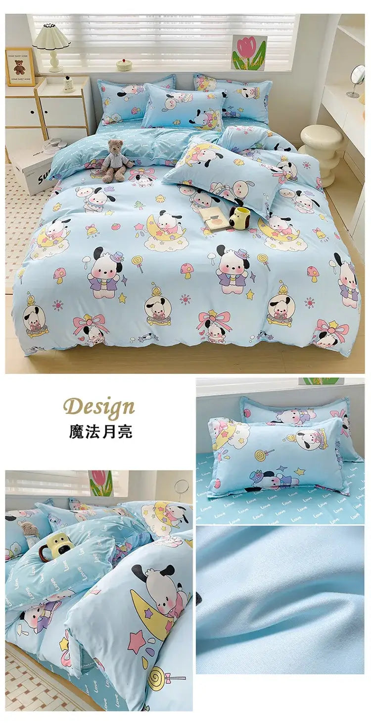 Sanrio Cotton Bedding Set Hello Kitty Pachacco Kuromi Sheet Duvet Cover Pillowcase King Queen Full Size Bedclothes Home