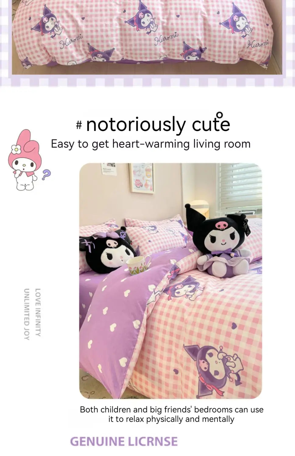 Sanrio Bedding Set Hello Kitty Kuromi My Melody Cinnamoroll 100% cotton Duvet Cover Bed Sheet Pillowcase King Queen