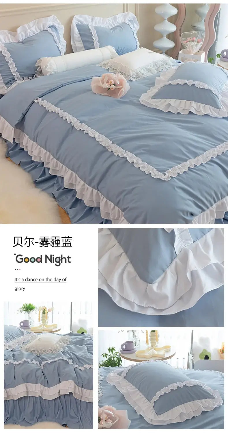 Korean Ins Bedding Set Luxury Quilt Cover Pillowcase Flat Bed Sheets Simple Girl Princess Ruffle Home Textiles