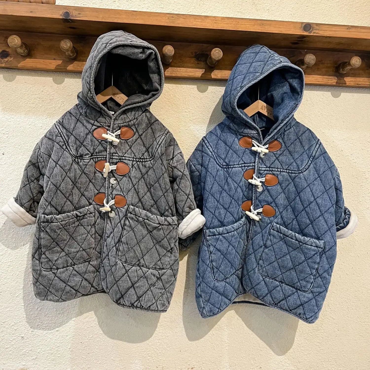 Winter Childrens Boys Denim Cotton Jacket Thickened Fleece Warm Baby Boys Parkas Horn Button Hooded Kids Boys Outerwears