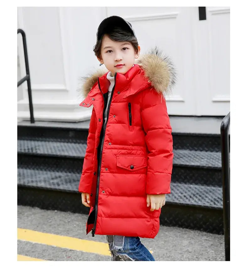 OLEKID 2024 Winter Children Down Jacket For Boys Warm Real Raccoon Fur Hooded Long Boys Outerwear Coat 2-12 Years Kids