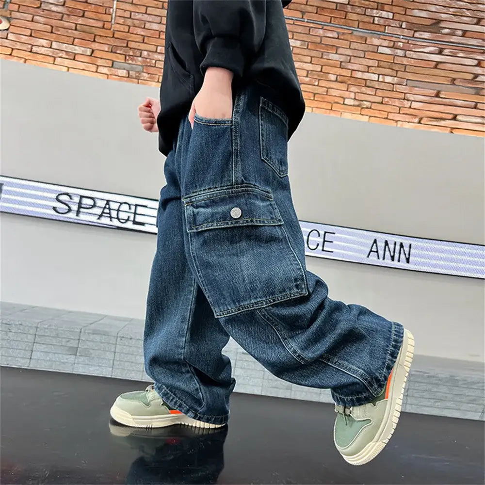 KZ3467 Korean Boys’ Jeans Version Of Boys Wide Leg Pants Boys’ Jeans Children’s Side Pockets Kid Denim Cargo Pants