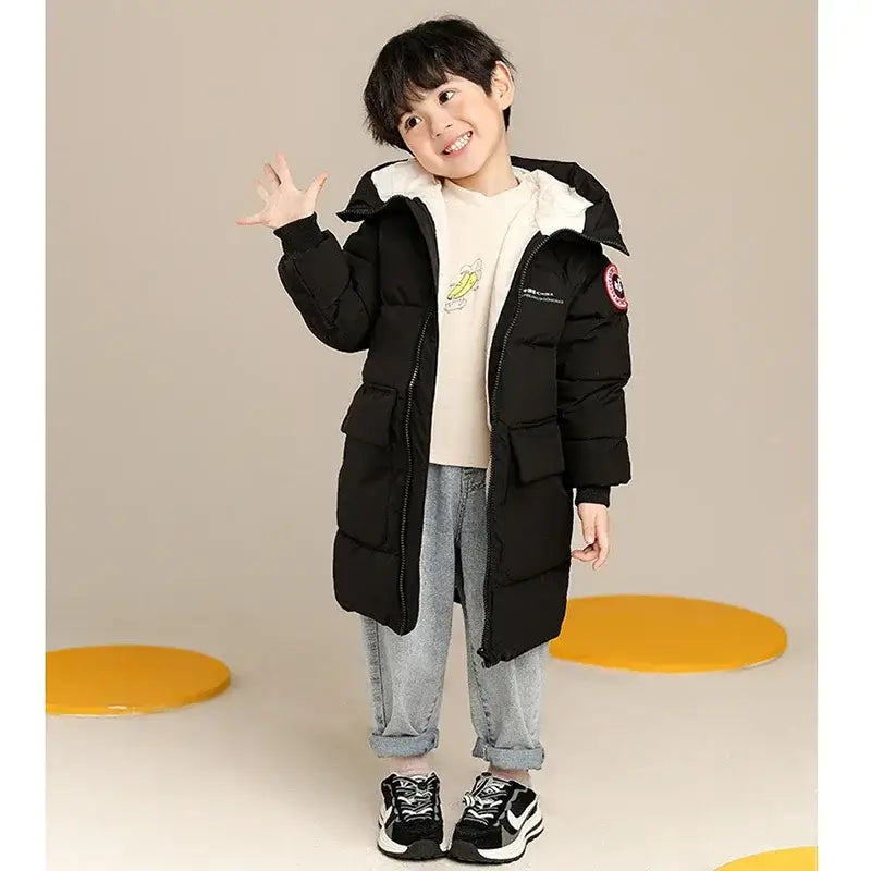 New Winter Keep Warm Teenagers Boys Jacket Long Style Thick Hooded Coat For Kids Children Outdoor Wear Outerwear