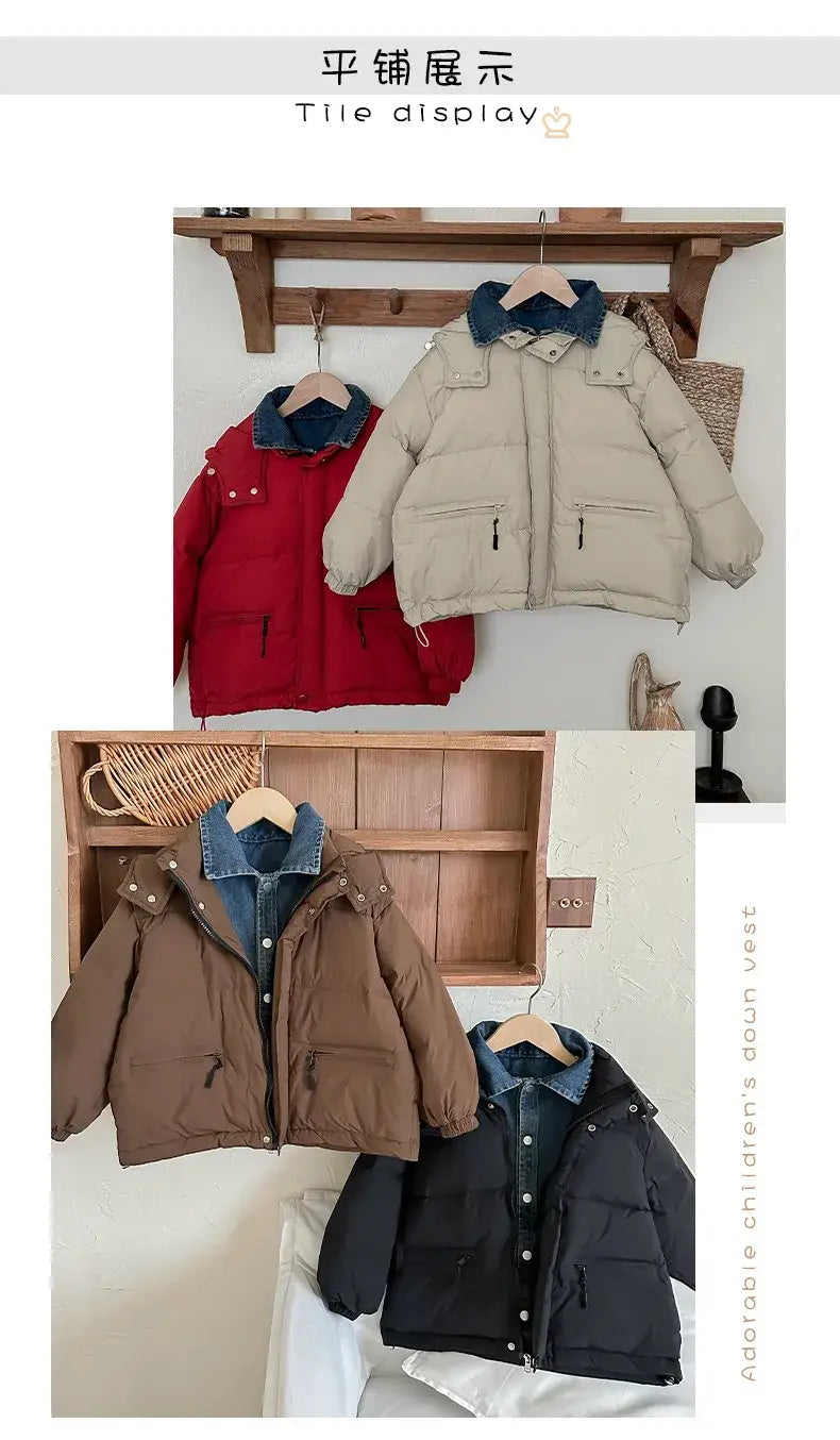 Winter Toddler Girl Down Jackets Solid Thicken Warm Denim Fake Two Piece Snowwear Coat Zipper Hooded Children Girl