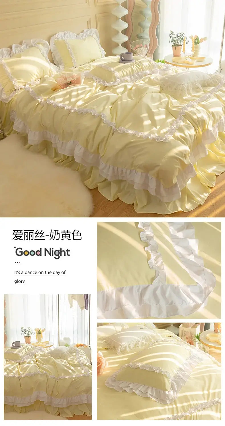 Korean Ins Bedding Set Luxury Quilt Cover Pillowcase Flat Bed Sheets Simple Girl Princess Ruffle Home Textiles