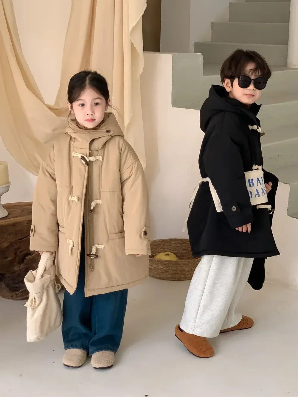 Winter Korean Children Boy Parkas Cotton Padded Thicken Hooded Toddler Boy Snowwear Coat Casual Solid Horn Button Kid