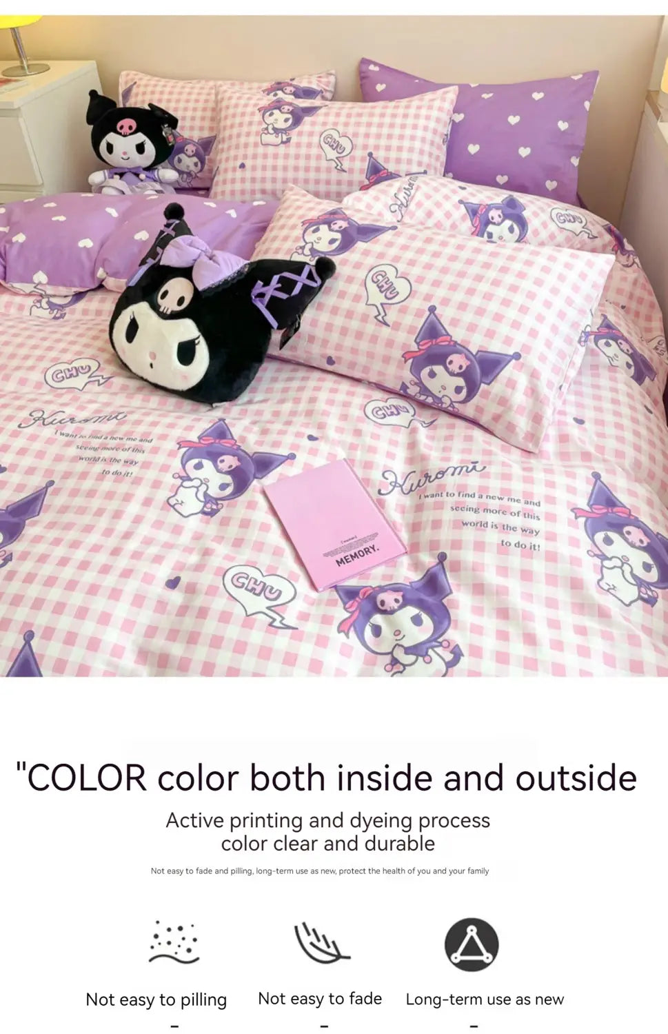 Sanrio Bedding Set Hello Kitty Kuromi My Melody Cinnamoroll 100% cotton Duvet Cover Bed Sheet Pillowcase King Queen