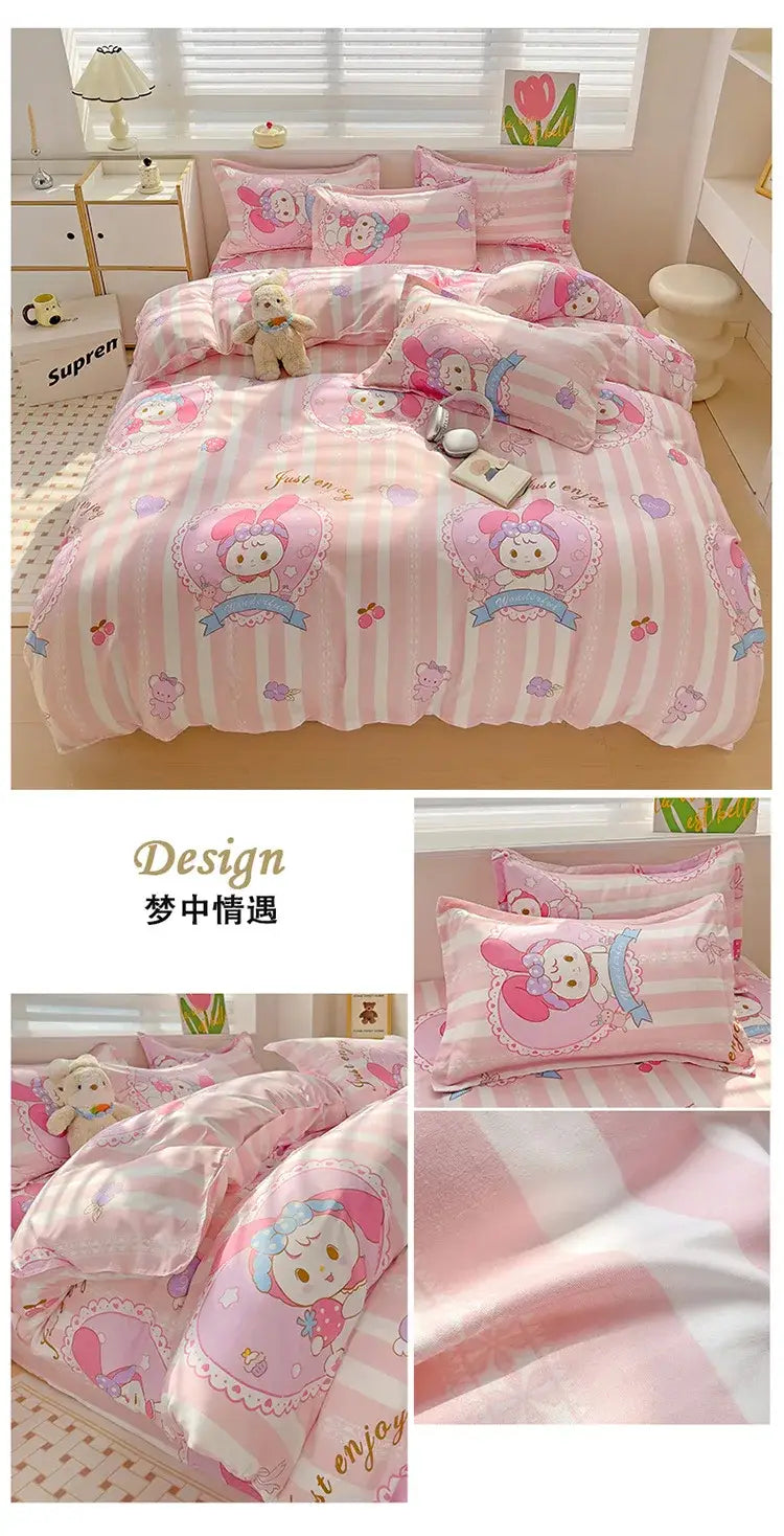 Sanrio Cotton Bedding Set Hello Kitty Pachacco Kuromi Sheet Duvet Cover Pillowcase King Queen Full Size Bedclothes Home