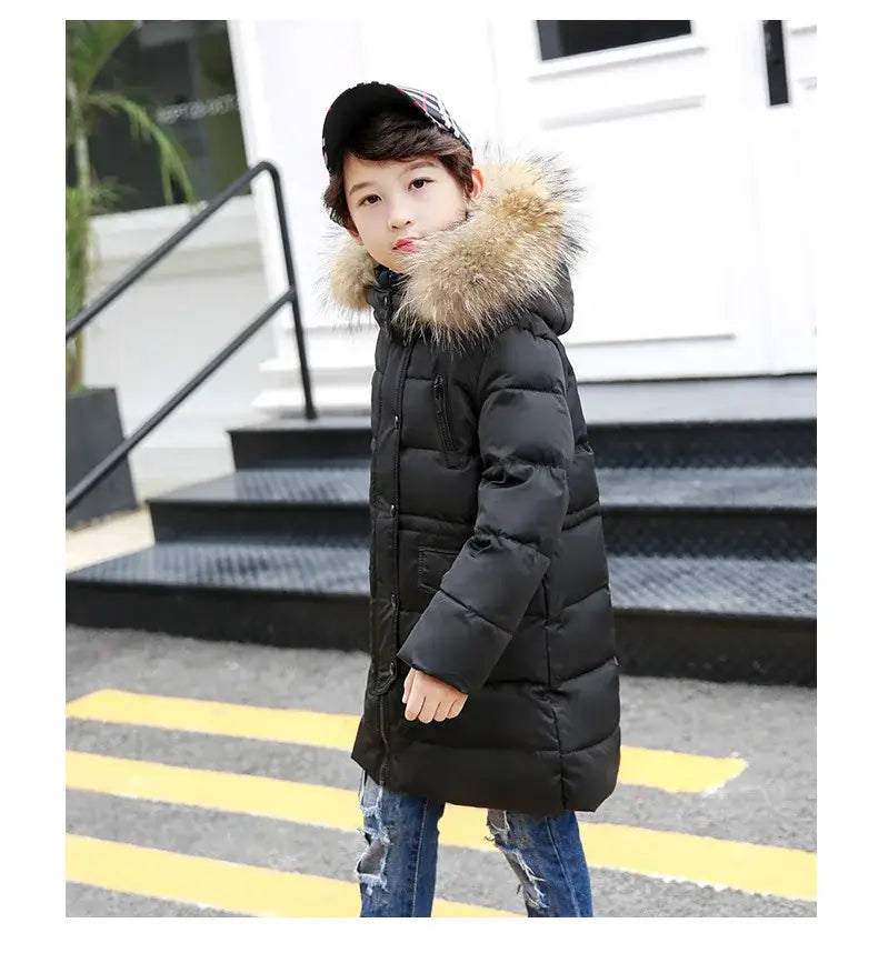 OLEKID 2024 Winter Children Down Jacket For Boys Warm Real Raccoon Fur Hooded Long Boys Outerwear Coat 2-12 Years Kids