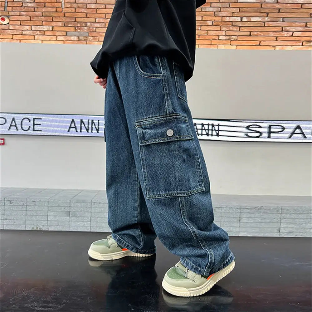 KZ3467 Korean Boys’ Jeans Version Of Boys Wide Leg Pants Boys’ Jeans Children’s Side Pockets Kid Denim Cargo Pants