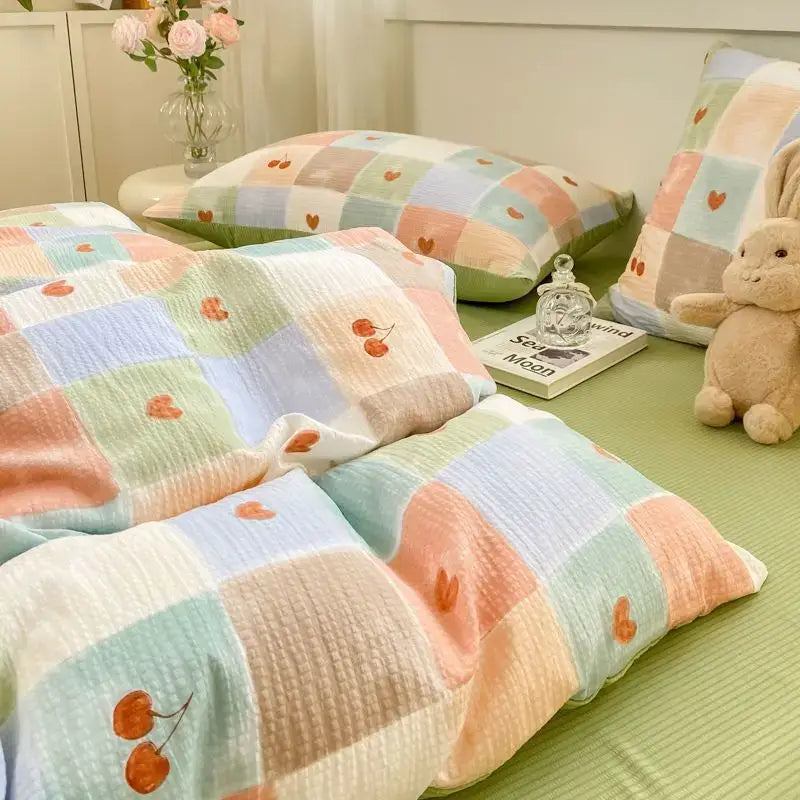 Korean Style Green Heart Bedding Set Girls INS Pink Floral Duvet Cover Flat Sheet Pillowcase Bed Linens Fashion Home