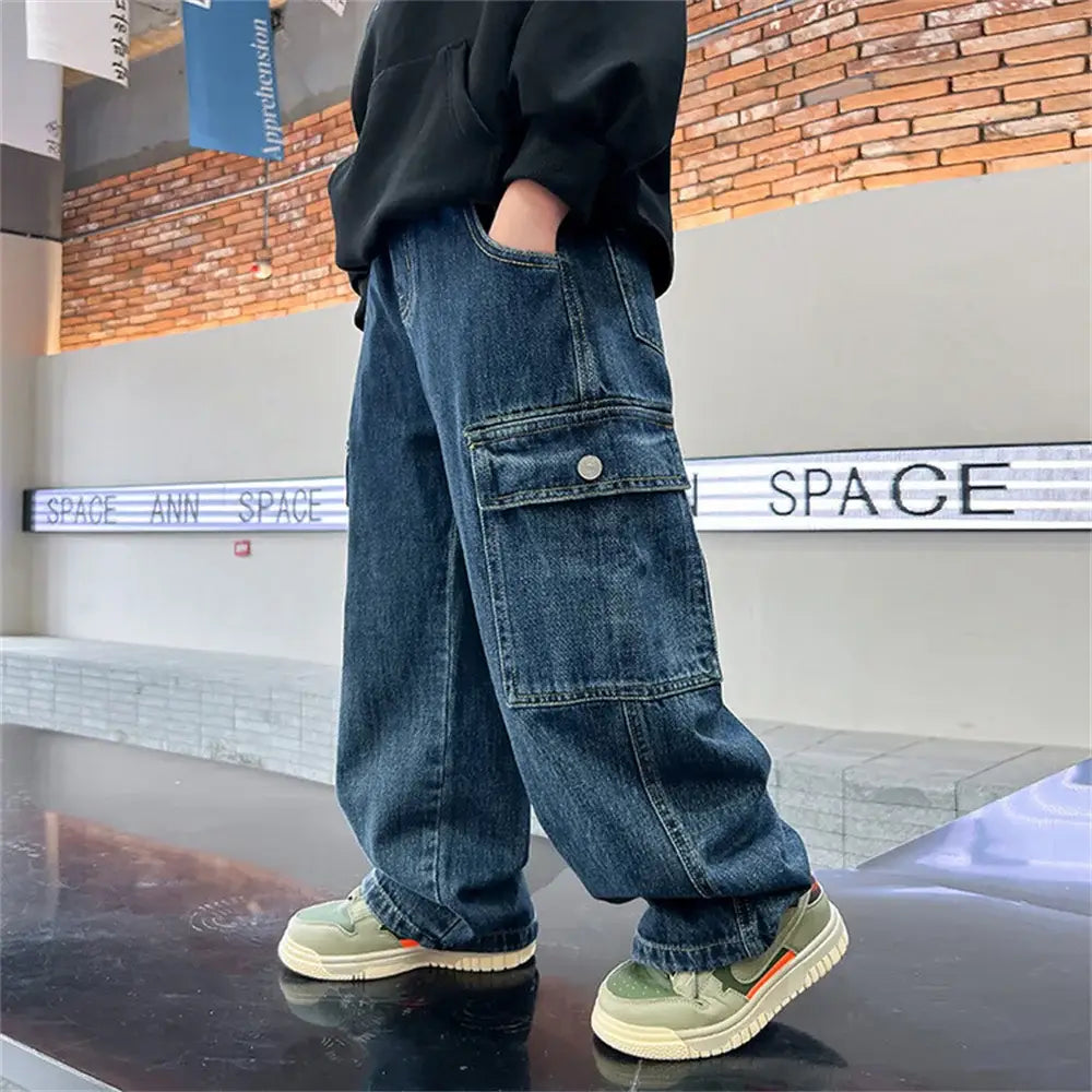 KZ3467 Korean Boys’ Jeans Version Of Boys Wide Leg Pants Boys’ Jeans Children’s Side Pockets Kid Denim Cargo Pants