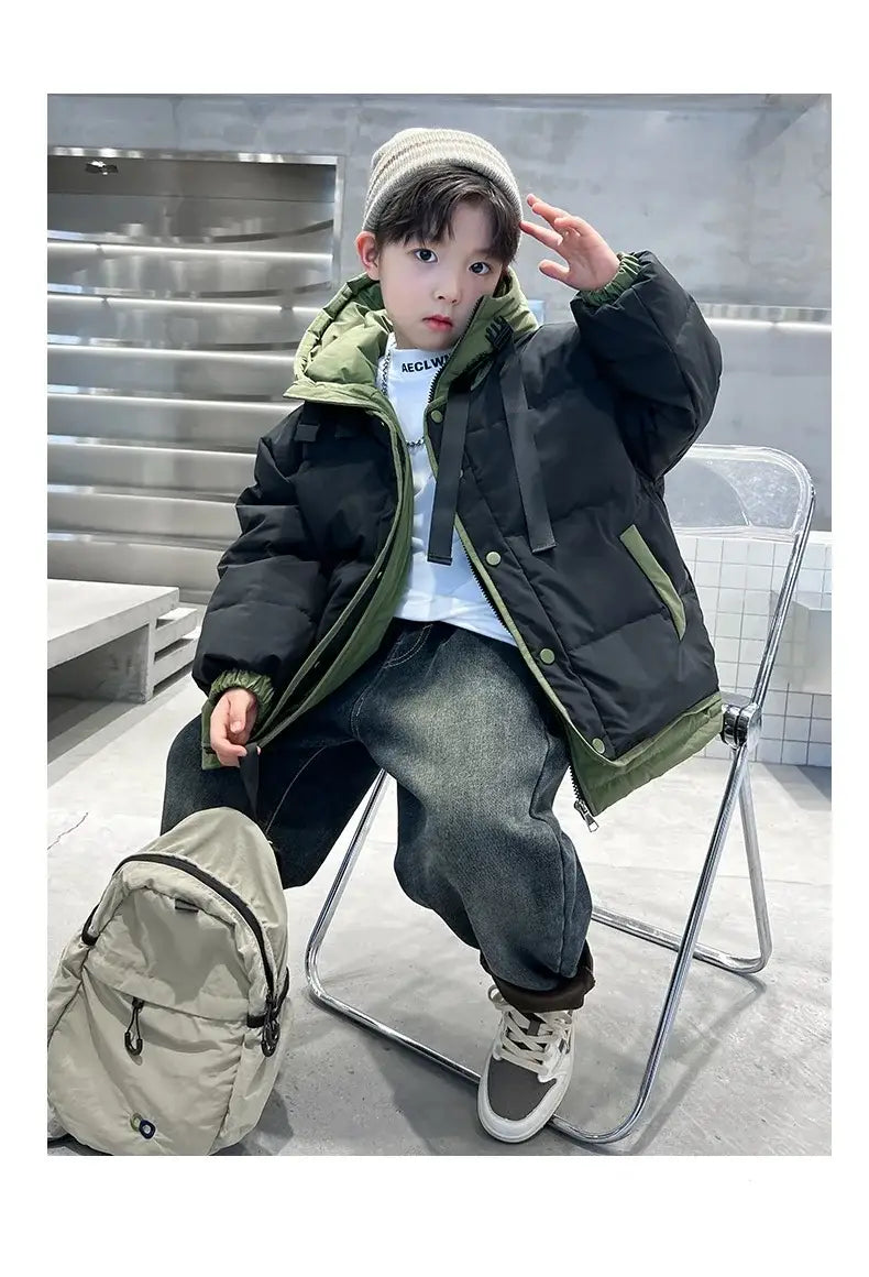 Winter Warm Boys Contrast Patchwork Cotton Lined Hooded Zip Jackets School Kids Thick Coats Children Outfits