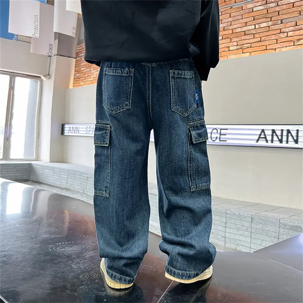 KZ3467 Korean Boys’ Jeans Version Of Boys Wide Leg Pants Boys’ Jeans Children’s Side Pockets Kid Denim Cargo Pants