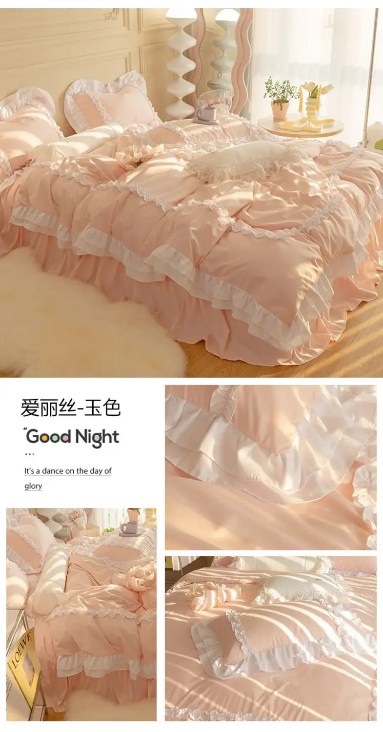 Korean Ins Bedding Set Luxury Quilt Cover Pillowcase Flat Bed Sheets Simple Girl Princess Ruffle Home Textiles