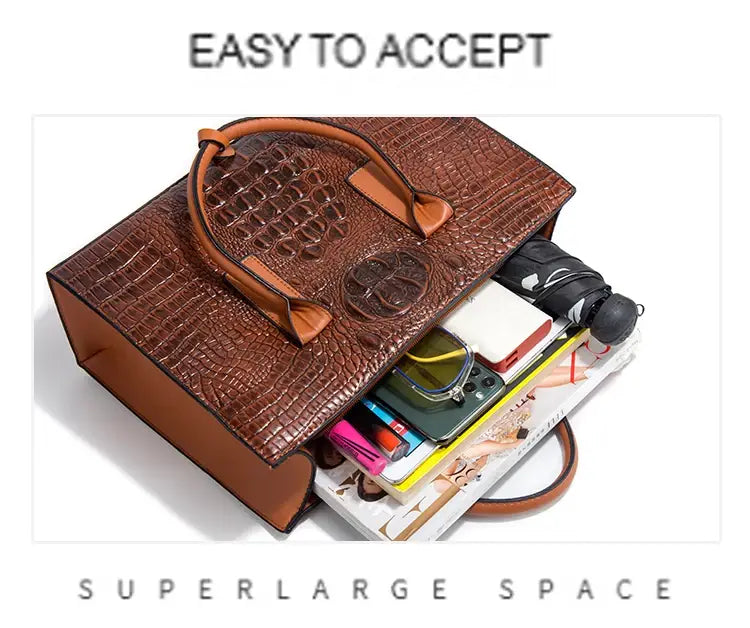 TRAVEASY 2024 New Crocodile Pattern Handbag Women PU Leather Vintage Style Shoulder Bag Large Capacity Laides Hand Bags