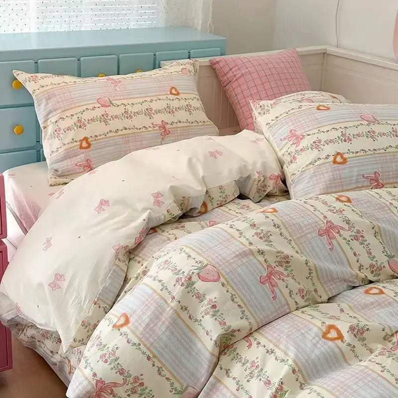 Pink Strawberry Bedding Set Soft 3/4pcs Bed Sheet Flower Duvet Cover Pillowcase Double Queen Home Textiles For Child