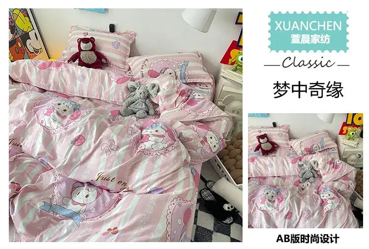 Sanrio Cotton Bedding Set Hello Kitty Pachacco Kuromi Sheet Duvet Cover Pillowcase King Queen Full Size Bedclothes Home