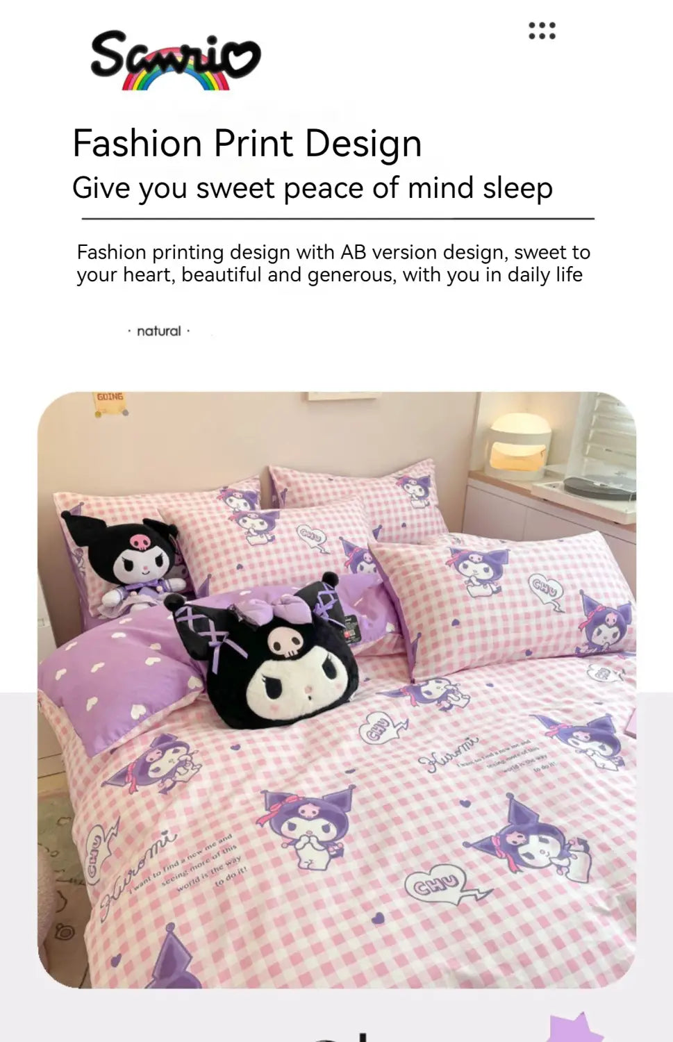 Sanrio Bedding Set Hello Kitty Kuromi My Melody Cinnamoroll 100% cotton Duvet Cover Bed Sheet Pillowcase King Queen