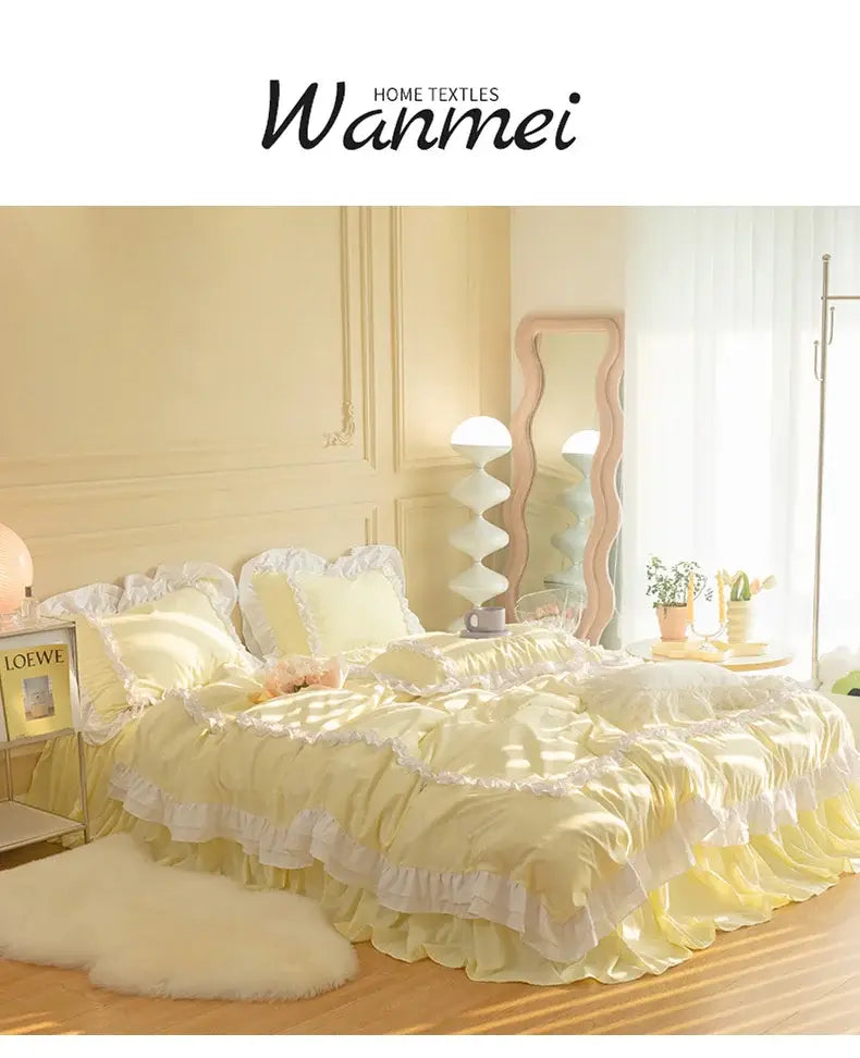 Korean Ins Bedding Set Luxury Quilt Cover Pillowcase Flat Bed Sheets Simple Girl Princess Ruffle Home Textiles