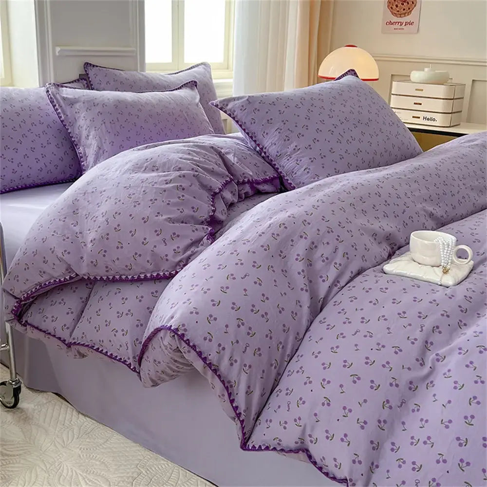 Washed Cotton Duvet Cover Purple Cherry Bed Sheet Pillowcase for Adults and Kids Home Textiles Four-piece Bedding Set