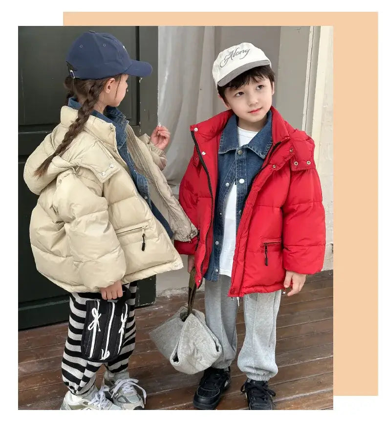 Winter Toddler Girl Down Jackets Solid Thicken Warm Denim Fake Two Piece Snowwear Coat Zipper Hooded Children Girl