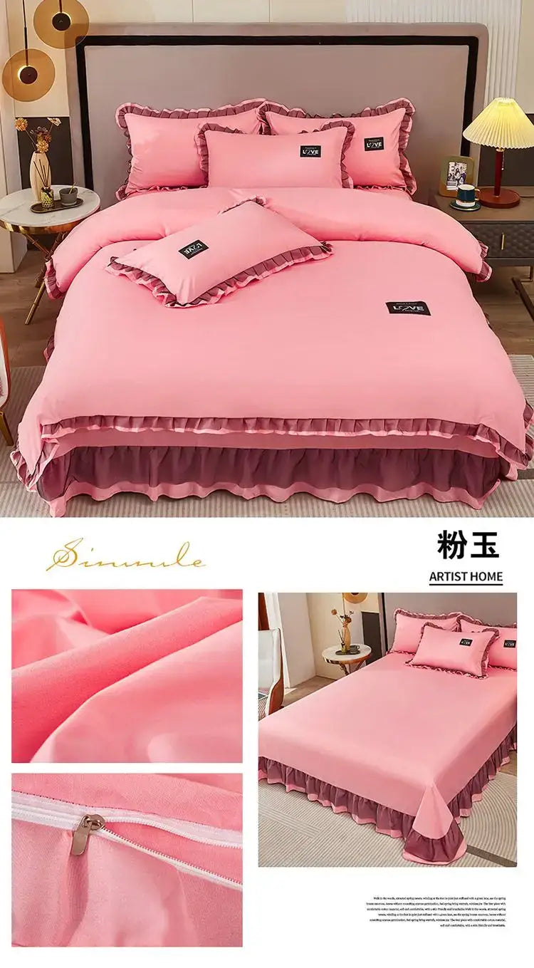 Korean Ins Bedding Set Luxury Quilt Cover Pillowcase Flat Bed Sheets Simple Girl Princess Cotton Home Textiles