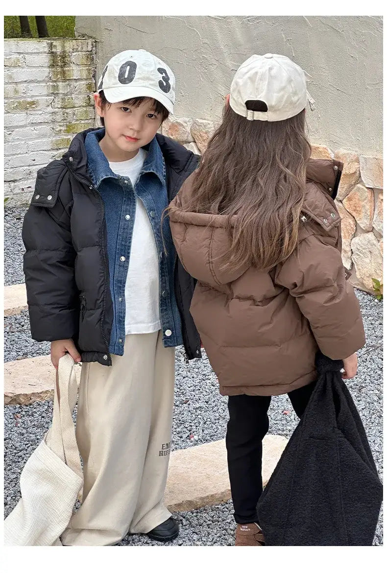 Winter Toddler Girl Down Jackets Solid Thicken Warm Denim Fake Two Piece Snowwear Coat Zipper Hooded Children Girl