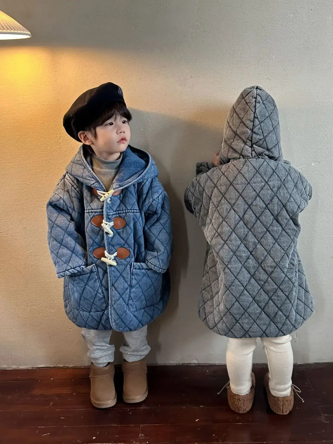 Winter Childrens Boys Denim Cotton Jacket Thickened Fleece Warm Baby Boys Parkas Horn Button Hooded Kids Boys Outerwears