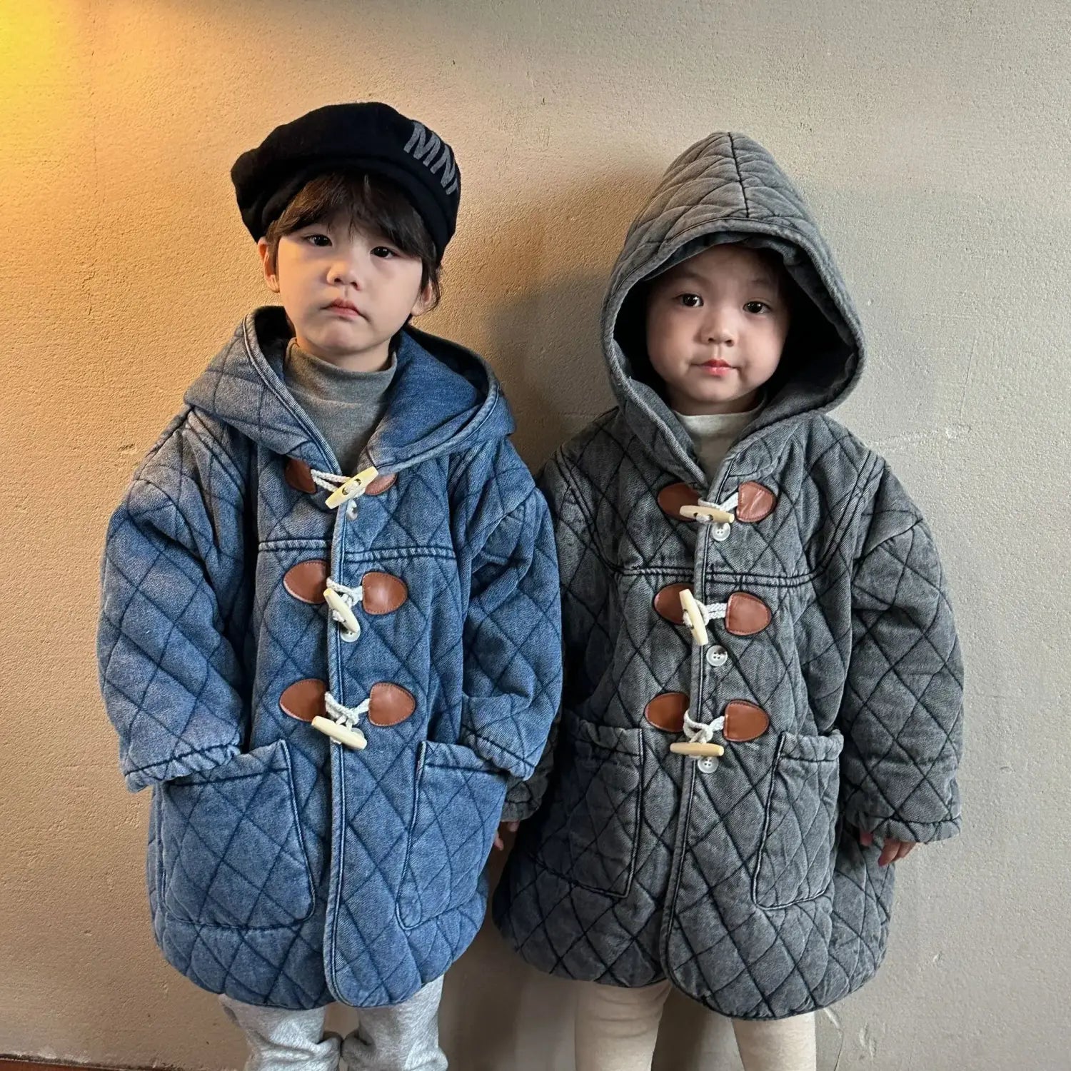 Winter Childrens Boys Denim Cotton Jacket Thickened Fleece Warm Baby Boys Parkas Horn Button Hooded Kids Boys Outerwears