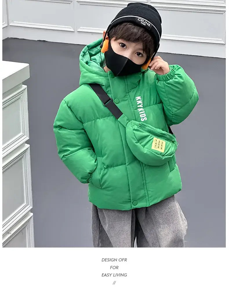 New Winter Boys Girls Jacket Thick Keep Warm Lining With Velvet Hooded Heavy Coat For Kids Children Outerwear Send Bag