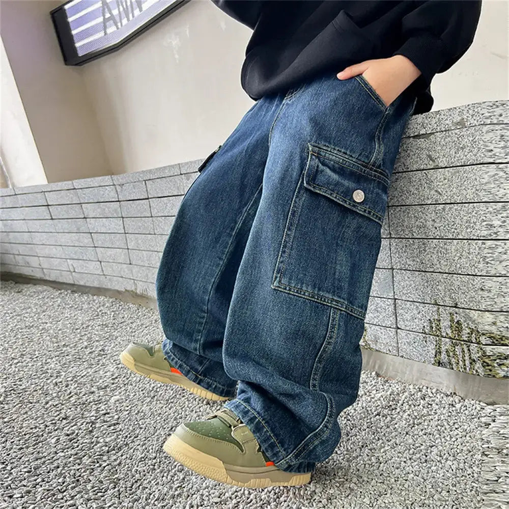 KZ3467 Korean Boys’ Jeans Version Of Boys Wide Leg Pants Boys’ Jeans Children’s Side Pockets Kid Denim Cargo Pants