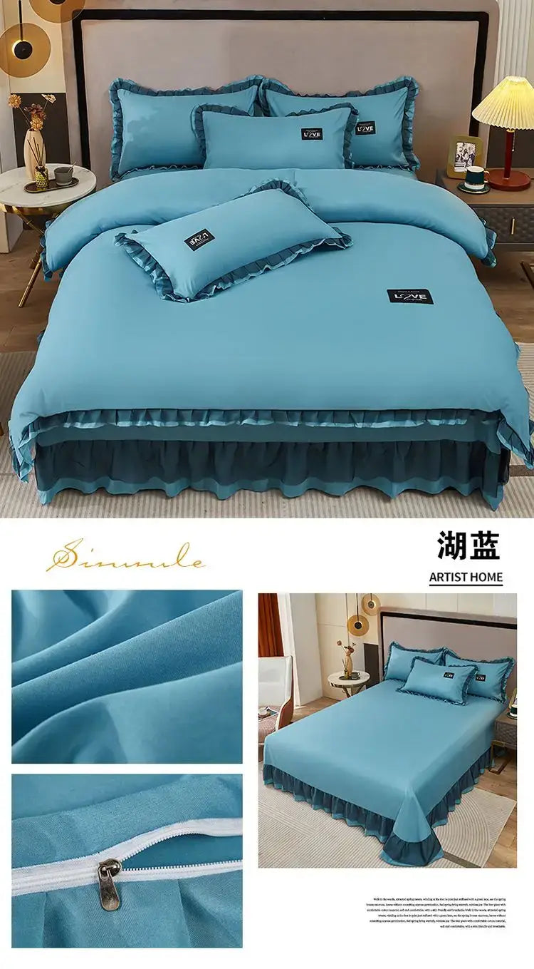 Korean Ins Bedding Set Luxury Quilt Cover Pillowcase Flat Bed Sheets Simple Girl Princess Cotton Home Textiles