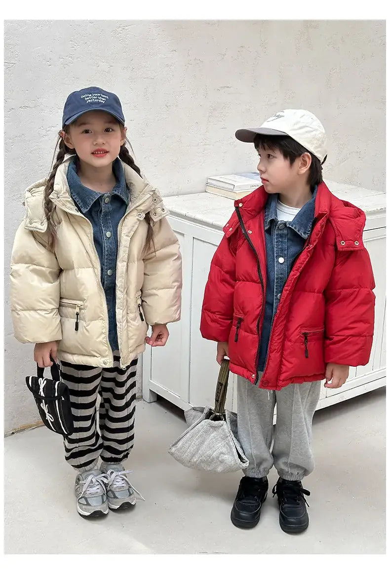 Winter Toddler Girl Down Jackets Solid Thicken Warm Denim Fake Two Piece Snowwear Coat Zipper Hooded Children Girl