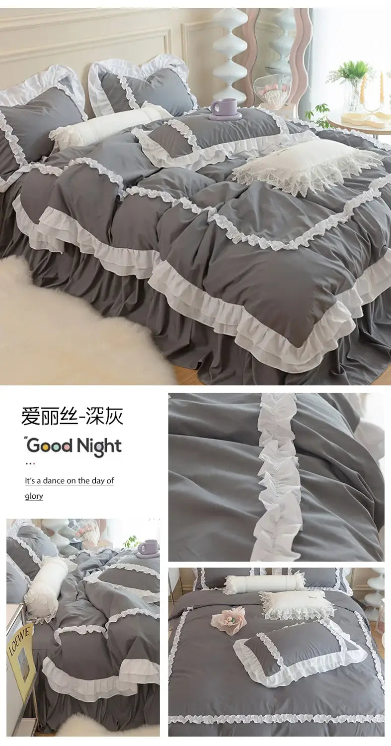 Korean Ins Bedding Set Luxury Quilt Cover Pillowcase Flat Bed Sheets Simple Girl Princess Ruffle Home Textiles