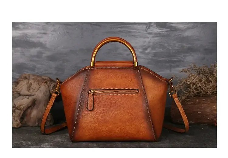 Vintage Genuine Leather Women Shoulder Bag For Ladies Handmade Luxury Designer Handbag Metal Handle Crossbody Bags Brown